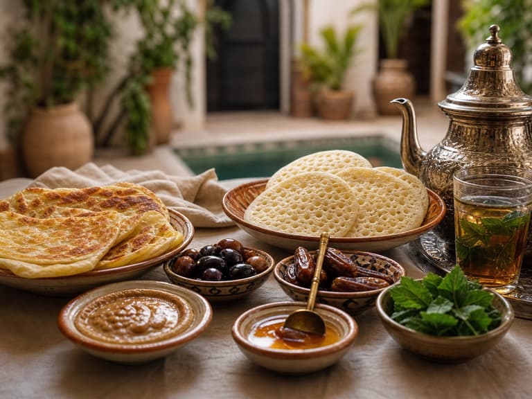 Moroccan breakfast with breads, honey, olives and mint tea