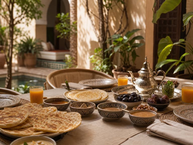 Table de petit-déjeuner marocain dans le patio avec msemen, baghrir, miel et thé