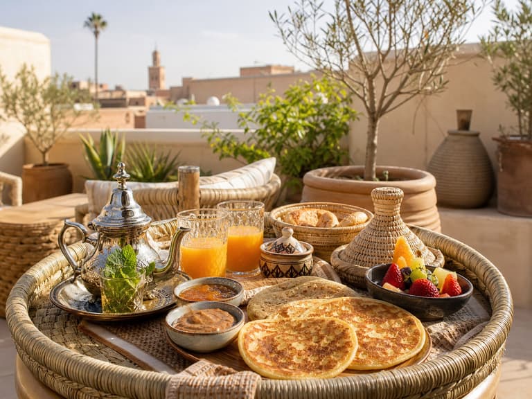 Plateau de petit-déjeuner marocain servi sur la terrasse du riad