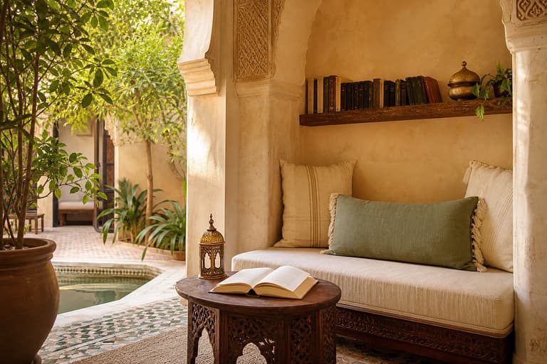 Coin lecture du riad avec banquette, livres et vue sur le patio