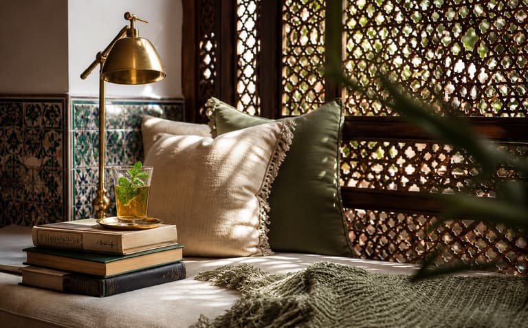 Détail d'un coin lecture avec coussins, lampe en laiton et thé à la menthe
