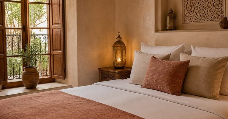 Chambre du riad avec linge terracotta, lanterne et fenêtre sur le patio