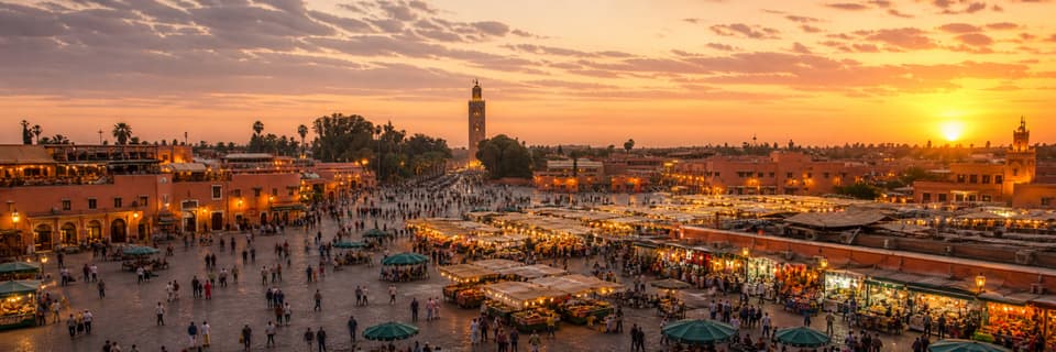 View of Jemaa el-Fnaa square in Marrakech at sunset