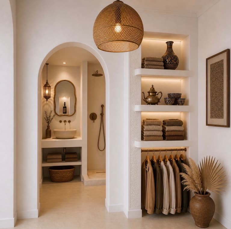 Suite du riad avec salle d'eau, arche et détails artisanaux