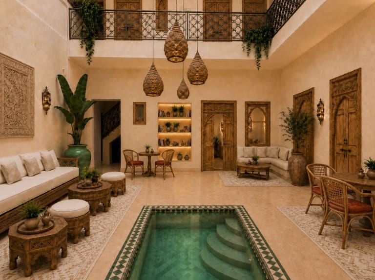 Patio du riad avec bassin, plantes et arches