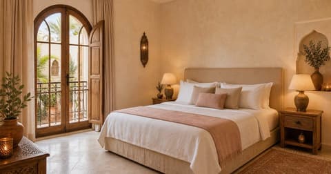 Sanhaja Room with a double bed and arched window