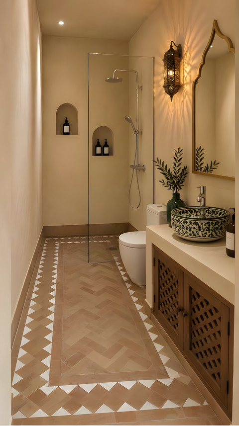 Salle de bain avec vasque décorée et douche
