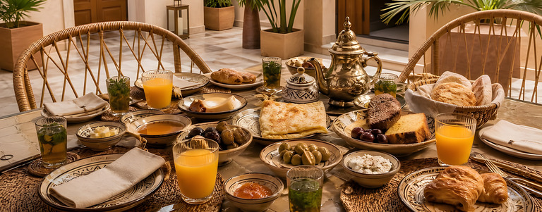 Petit-déjeuner marocain avec pains, fruits et thé