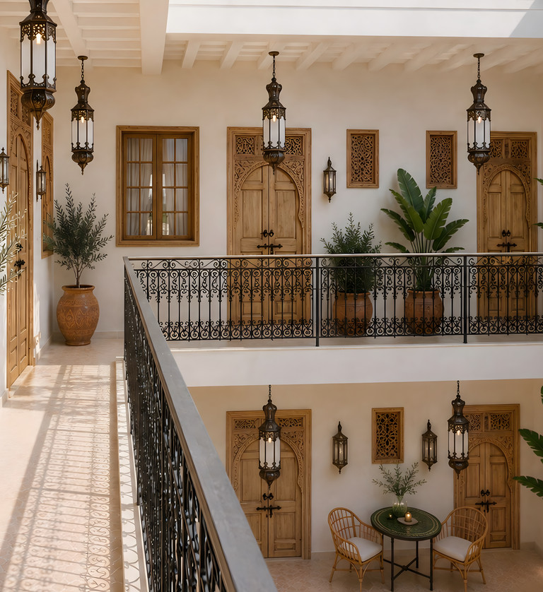 Vue du premier étage du riad avec coursives et balustrades