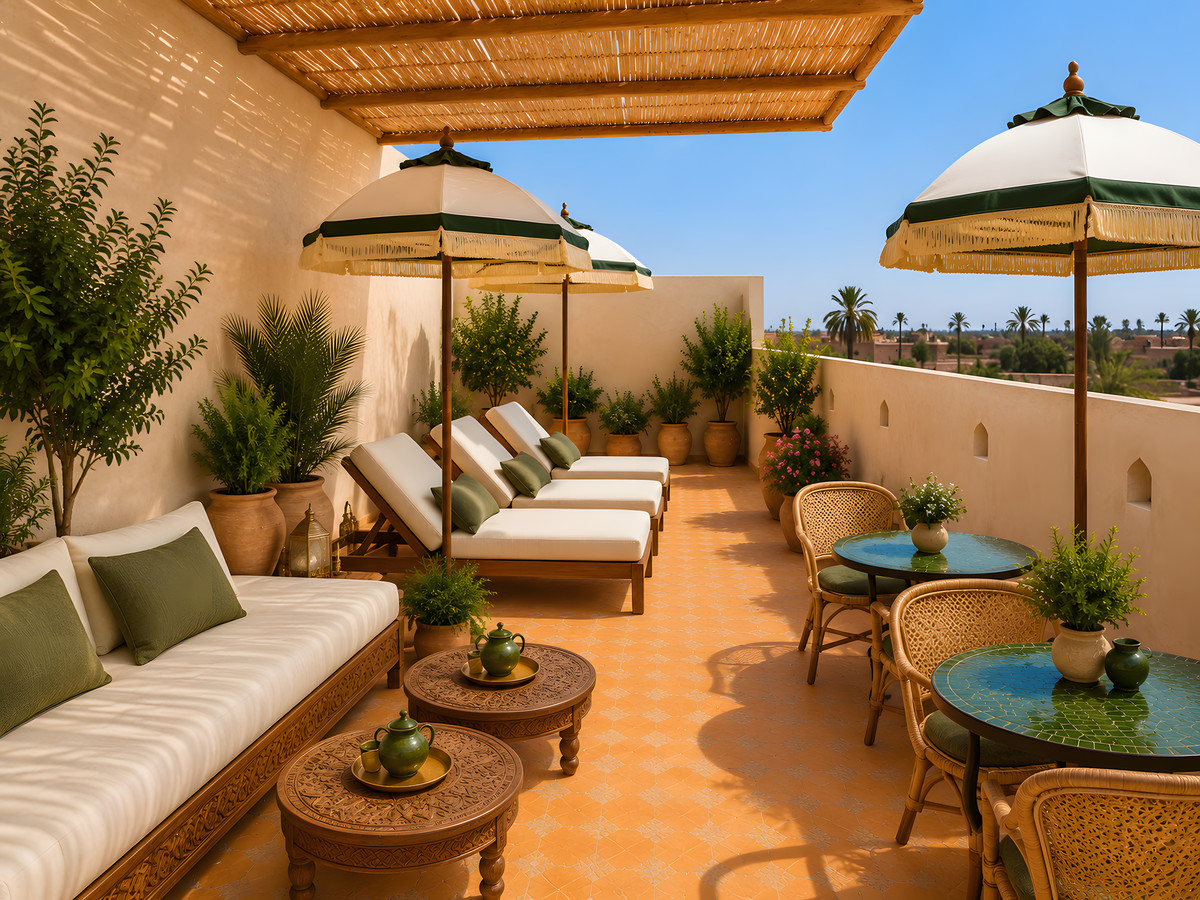 Terrasse du riad avec salon et plantes