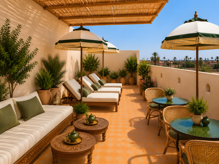 Terrasse du riad avec salon, parasols et plantes